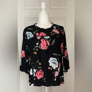 Gap Black Floral Blouse 3/4 Sleeves Sz XL Petite
